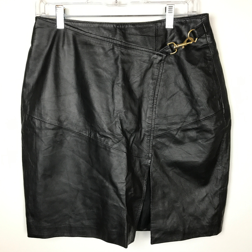Otello Pelle Sz 11/12 Vtg Black Leather Skirt